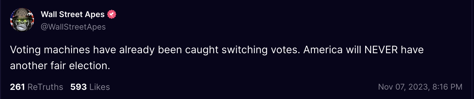 Wall Street Apes truth social post on PA voting 2023