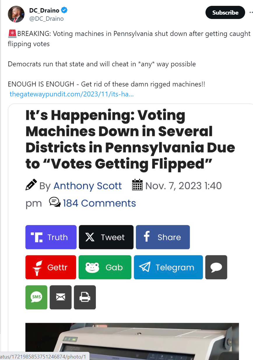 tweet reads: BREAKING: Voting machines in Pennsylvania shut down after getting caught flipping votes  Democrats run that state and will cheat in *any* way possible  ENOUGH IS ENOUGH - Get rid of these damn rigged machines!!