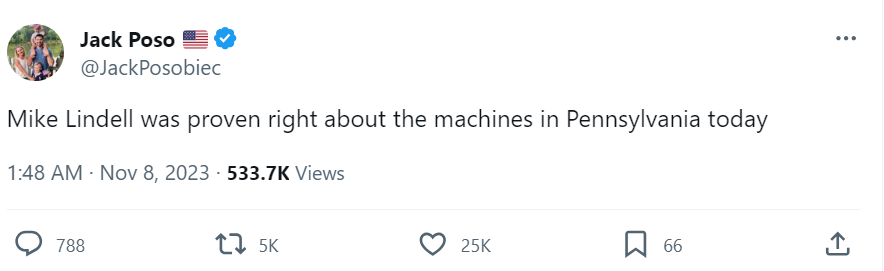 Twitter screenshot that reads: Mike Lindell was proven right about the machines in Pennsylvania today