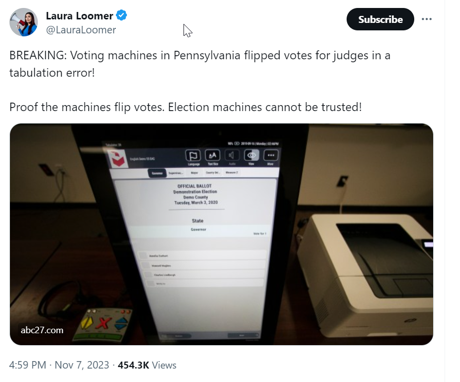 Tweet screenshot that reads: BREAKING: Voting machines in Pennsylvania flipped votes for judges in a tabulation error!   Proof the machines flip votes. Election machines cannot be trusted!