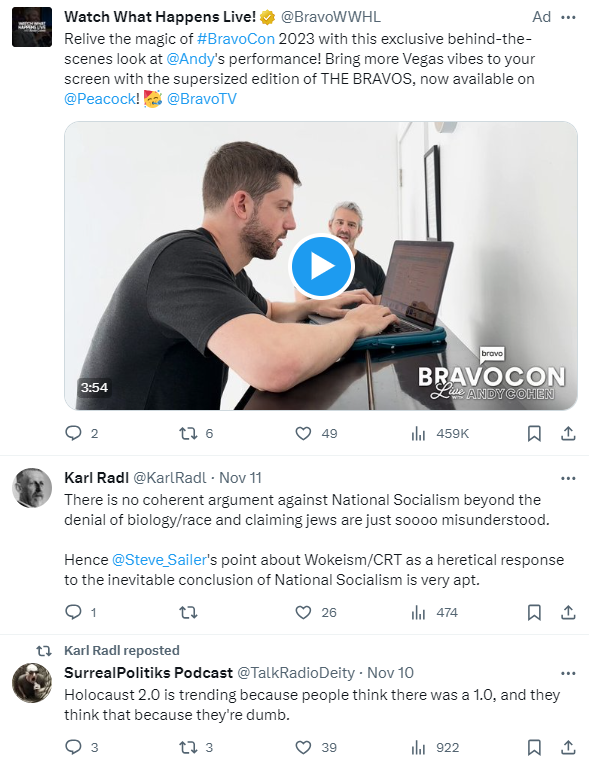 Pro-Nazi content and a Bravo ad