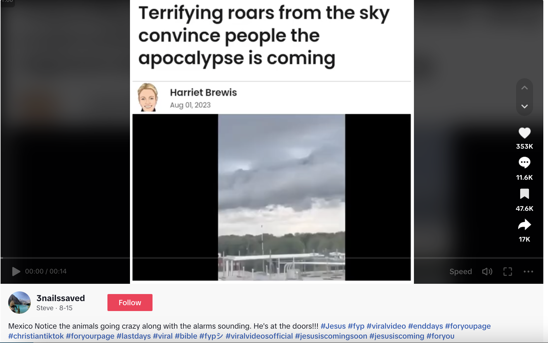 screenshot of tiktok that claims there are roars coming from the sky