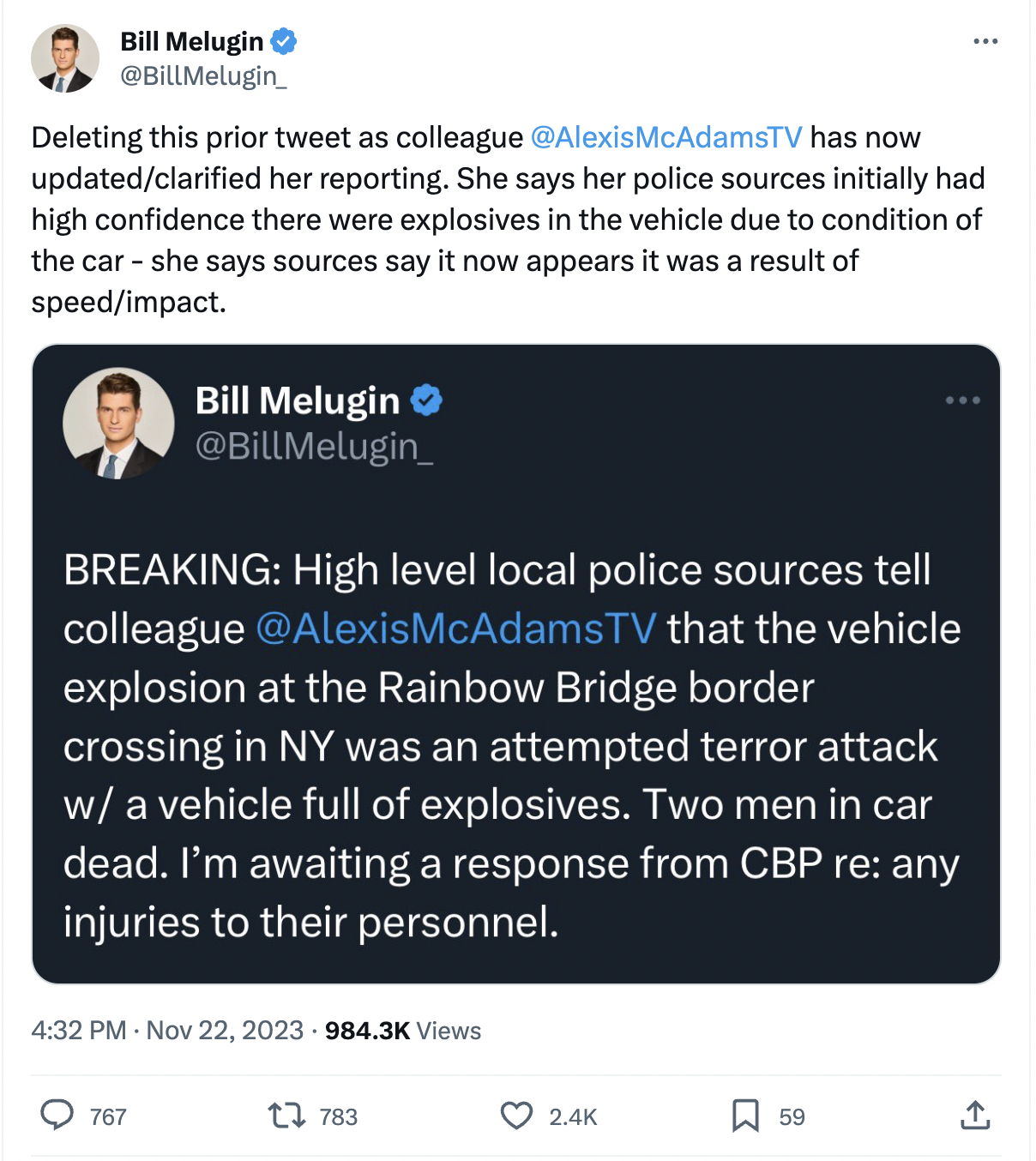 Deleting this prior tweet as colleague  @AlexisMcAdamsTV  has now updated/clarified her reporting. She says her police sources initially had high confidence there were explosives in the vehicle due to condition of the car - she says sources say it now appears it was a result of speed/impact.