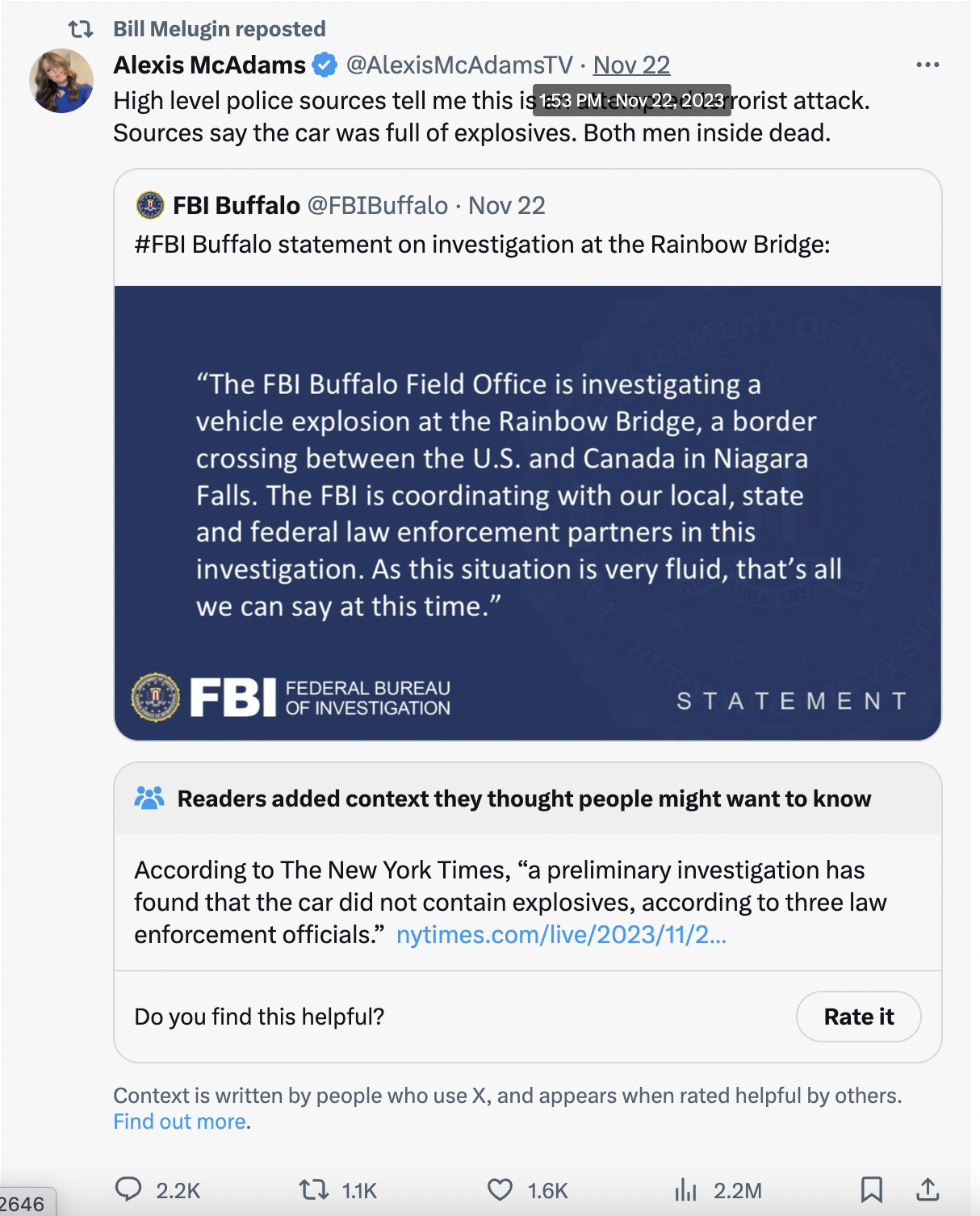 A screenshot showing Bill Melugin reteweeting Alexis McAdams false report that the Rainbow Bridge explosion was an act of terrorism