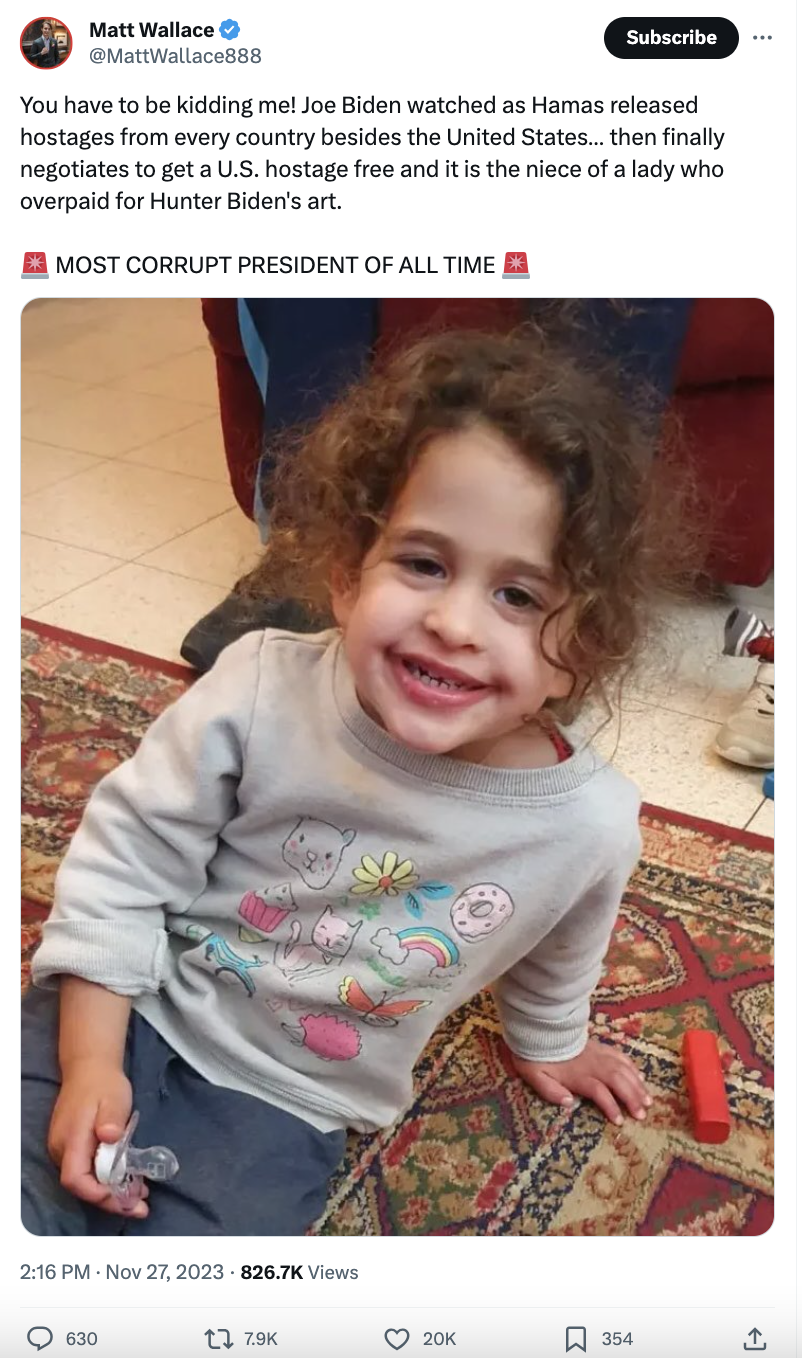 You have to be kidding me! Joe Biden watched as Hamas released hostages from every country besides the United States… then finally negotiates to get a U.S. hostage free and it is the niece of a lady who overpaid for Hunter Biden's art.  🚨 MOST CORRUPT PRESIDENT OF ALL TIME 🚨