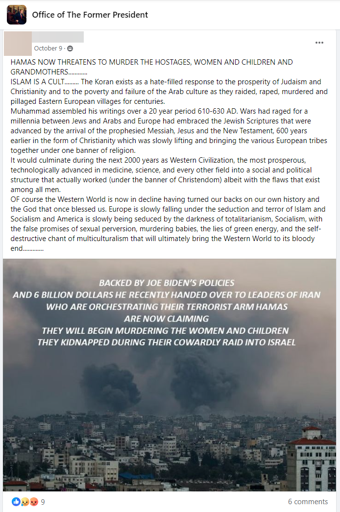 Facebook group post calling Islam a cult