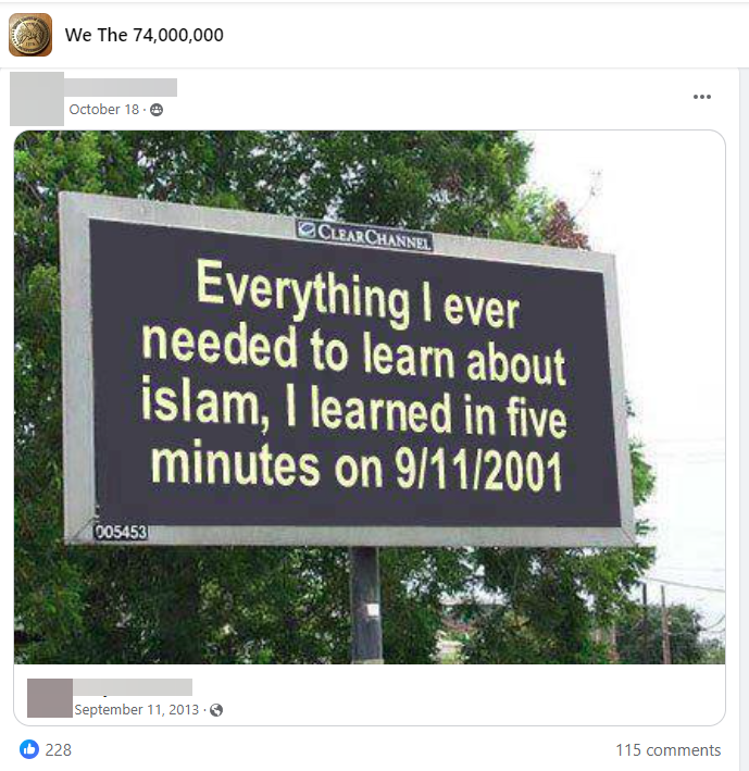 Facebook group post saying Everything I need to know about Islam I learned on 9/11/2001