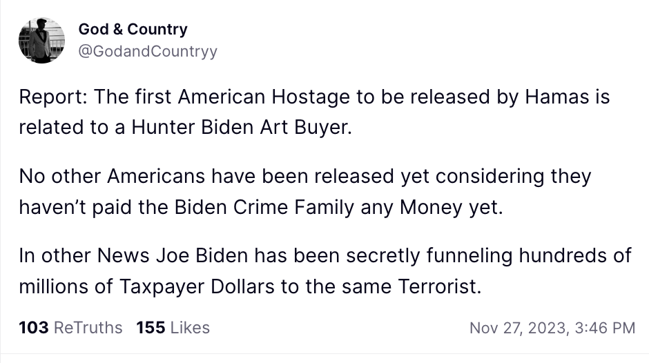 Truth social post spreading hostage "corruption" story