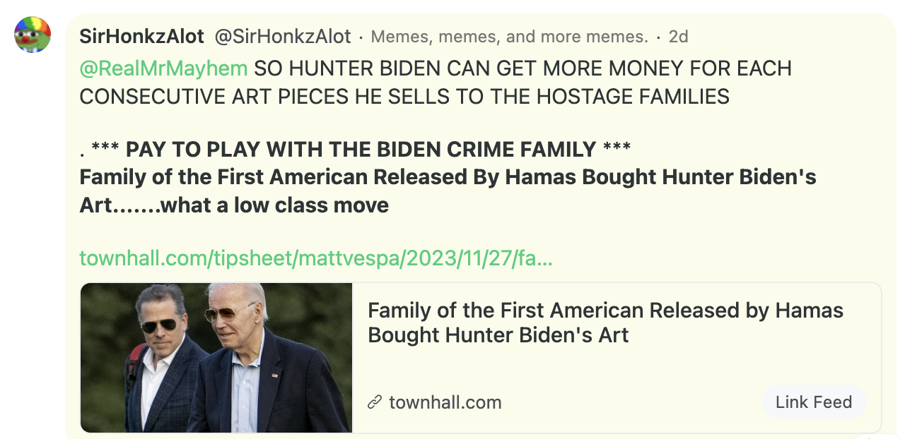 Gab user spreading hostage "corruption" story 