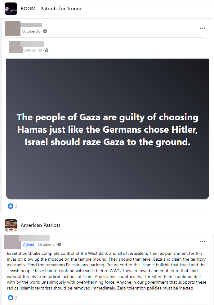 Facebook group posts calling to "raze Gaza to the ground"