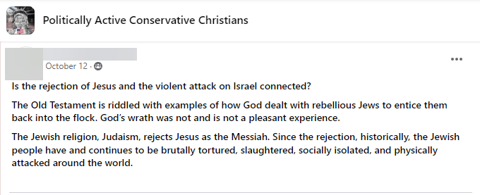 facebook group post suggesting Jewish people’s “rejection of Jesus and the violent attack on Israel” are “connected”