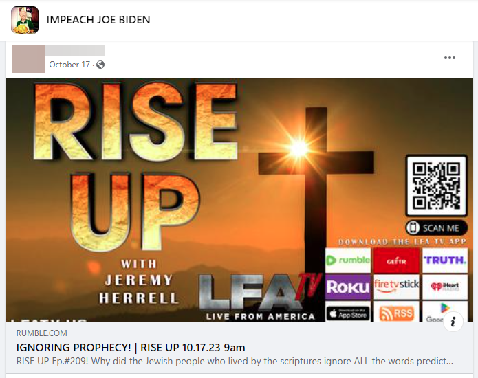 Facebook group post linking to LFA TV on Rumble