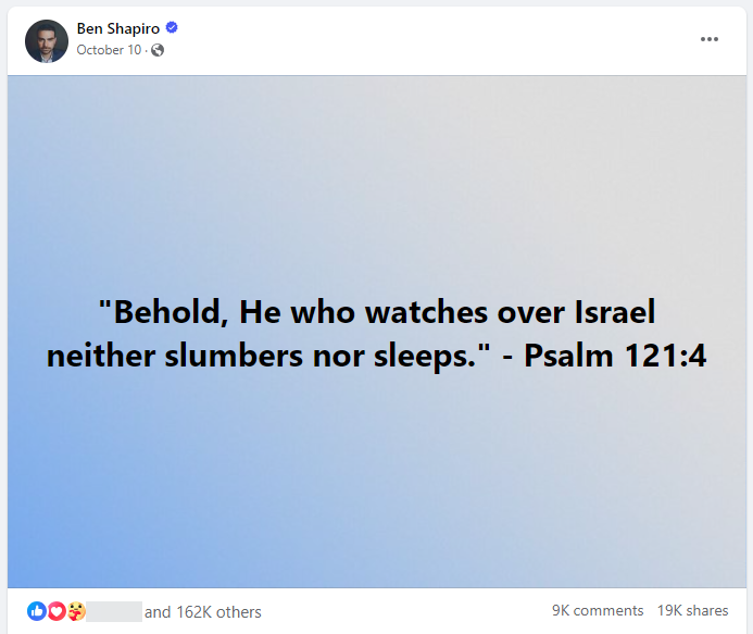 Top 10 Facebook post about Israel and Gaza from Ben Shapiro