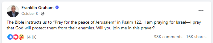Top 10 Facebook post about Israel and Gaza from Franklin Graham