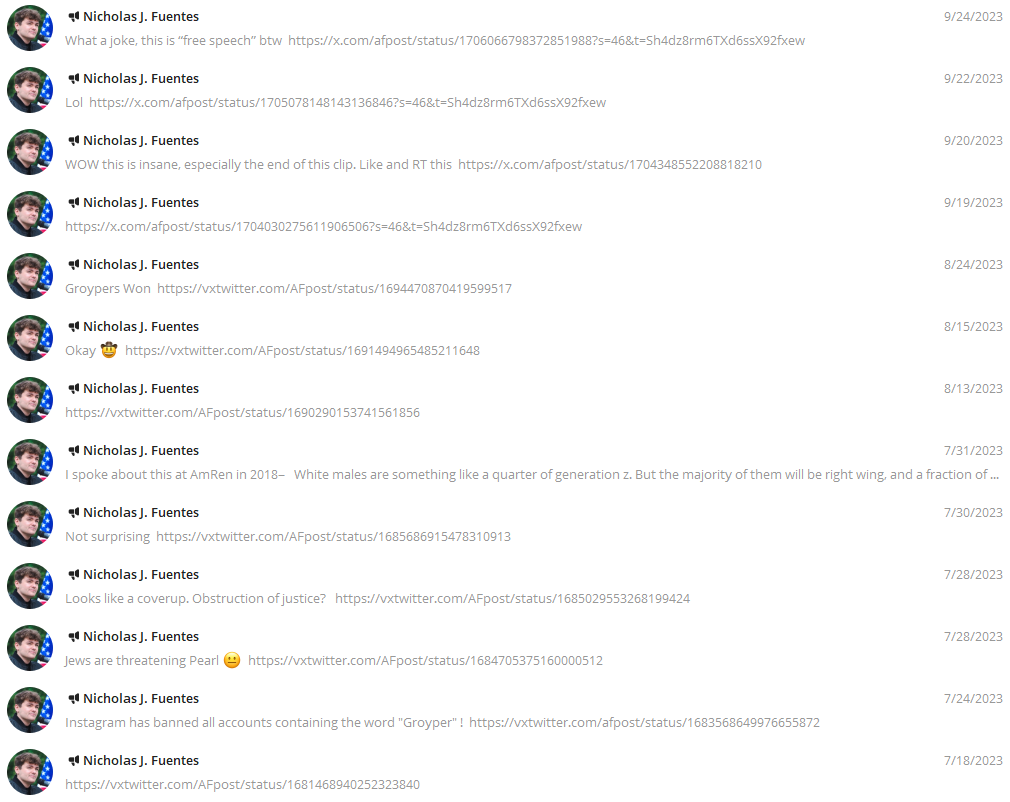 Nick Fuentes on Telegram promoting AF Post