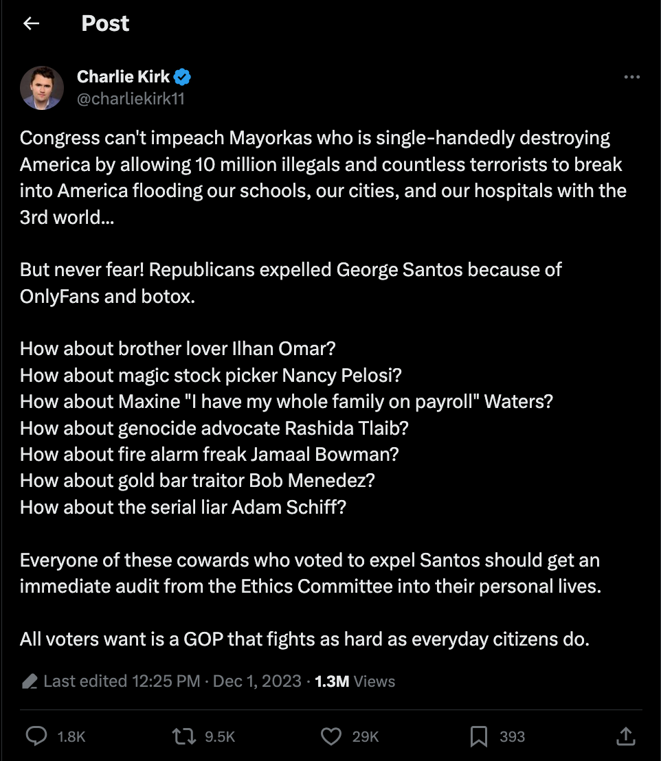 Charlie kirk defends Santos, attacks Republicans for not impeaching Mayorkas on twitter