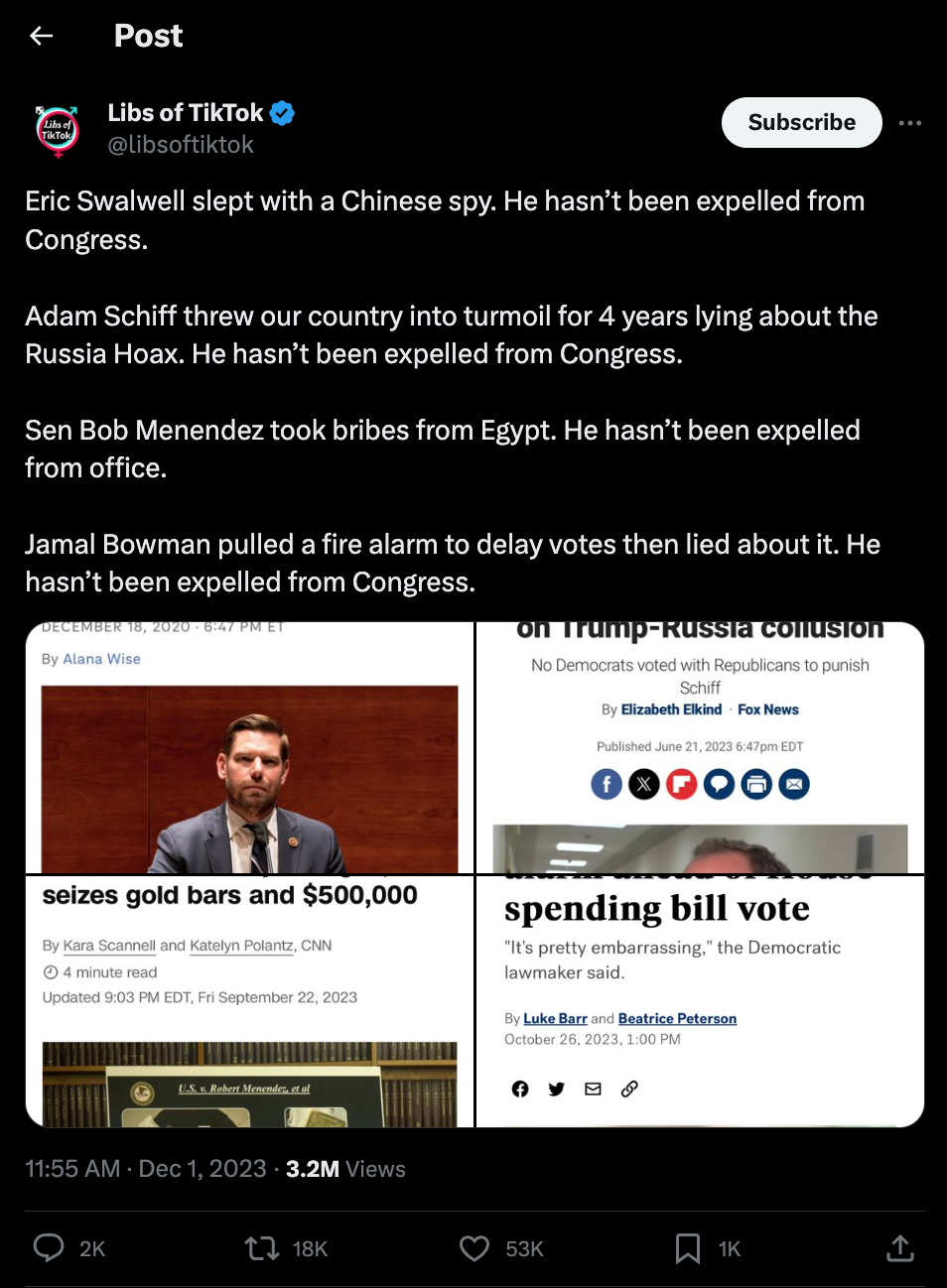 Libs of Tiktok complains that various Democrat representatives were not expelled, but Republican George Santos was