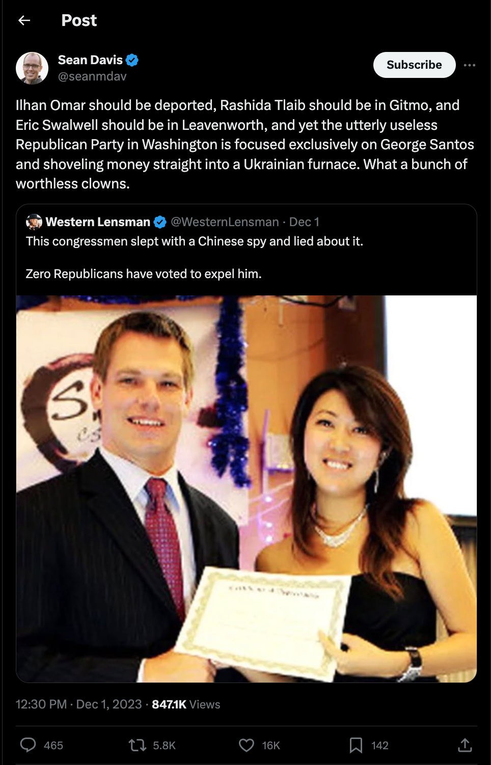 Sean Davis tweets: 'Ilhan Omar should be deported, Rashida Tlaib should be in Gitmo, and Eric Swalwell should be in Leavenworth, and yet the utterly useless Republican Party in Washington is focused exclusively on George Santos and shoveling money straight into a Ukrainian furnace. What a bunch of worthless clowns."