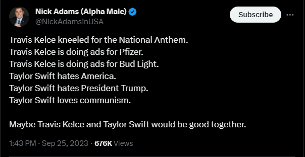 Nick Adams (Alpha Male) Taylor Swift tweet