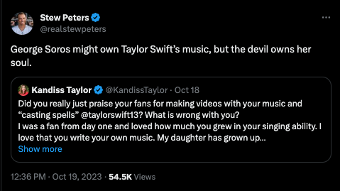 Stew peters tweets: George soros may own Taylor Swift's music, but the devil owns her soul