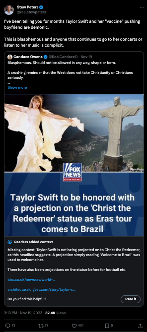 Stew peters calls taylor swift demonic