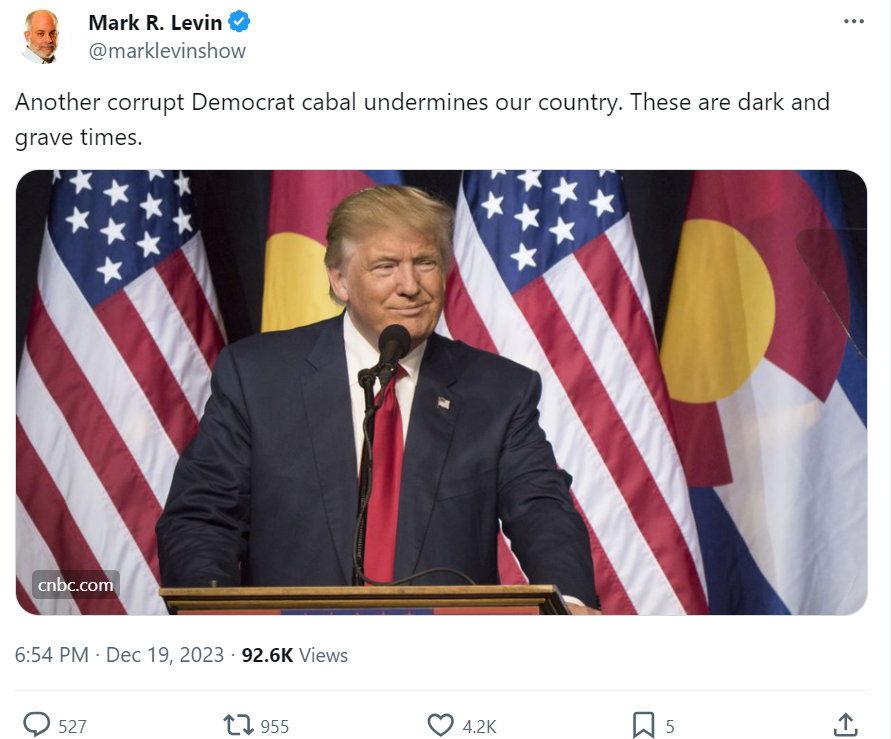 Tweet reads: Another corrupt Democrat cabal undermines our country. These are dark and grave times.