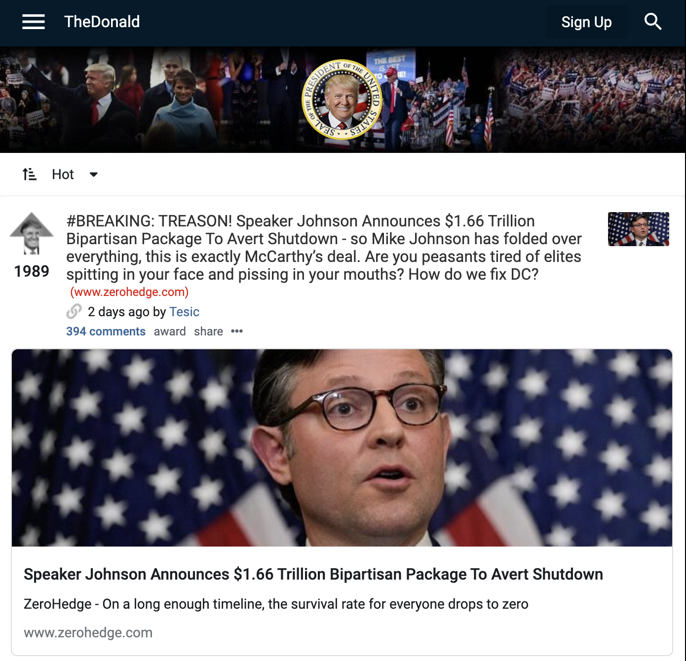 Screenshot from TheDonald that says, "#BREAKING: TREASON! Speaker Johnson Announces $1.66 Trillion Bipartisan Package To Avert Shutdown - so Mike Johnson has folded over everything, this is exactly McCarthy’s deal. Are you peasants tired of elites spitting in your face and pissing in your mouths? How do we fix DC?"