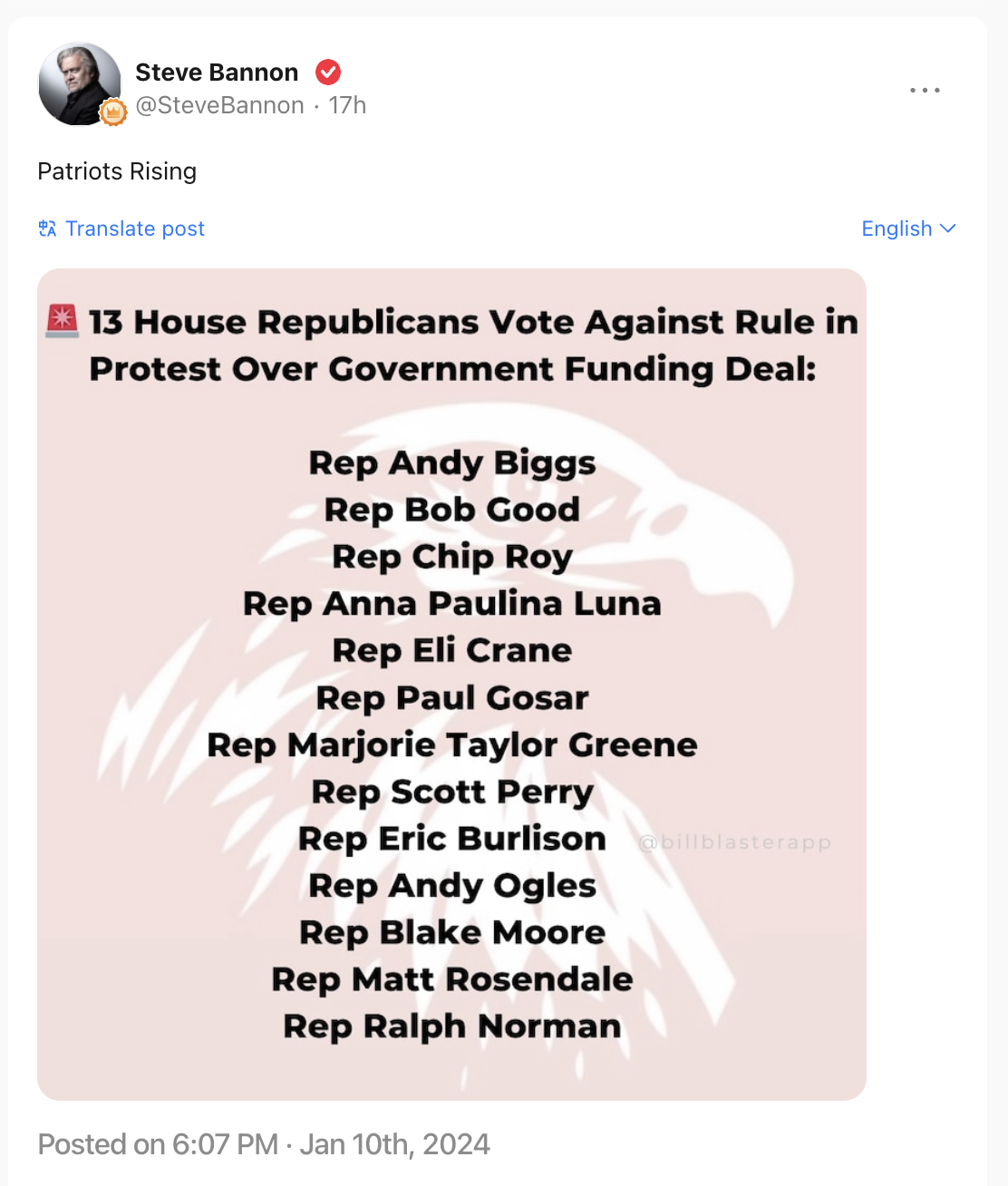 Patriots Rising over the names of 13 House Republicans