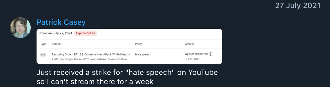 Patrick Casey hate speech YouTube