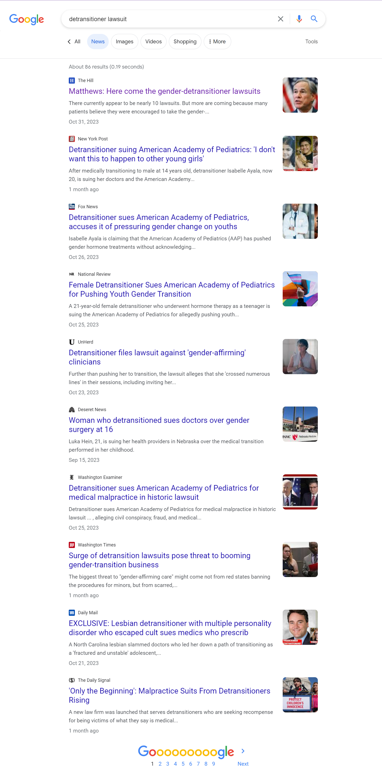 A Google search for "detransitioner lawsuit" wherein 8 out of 10 first page results are from right-wing media.