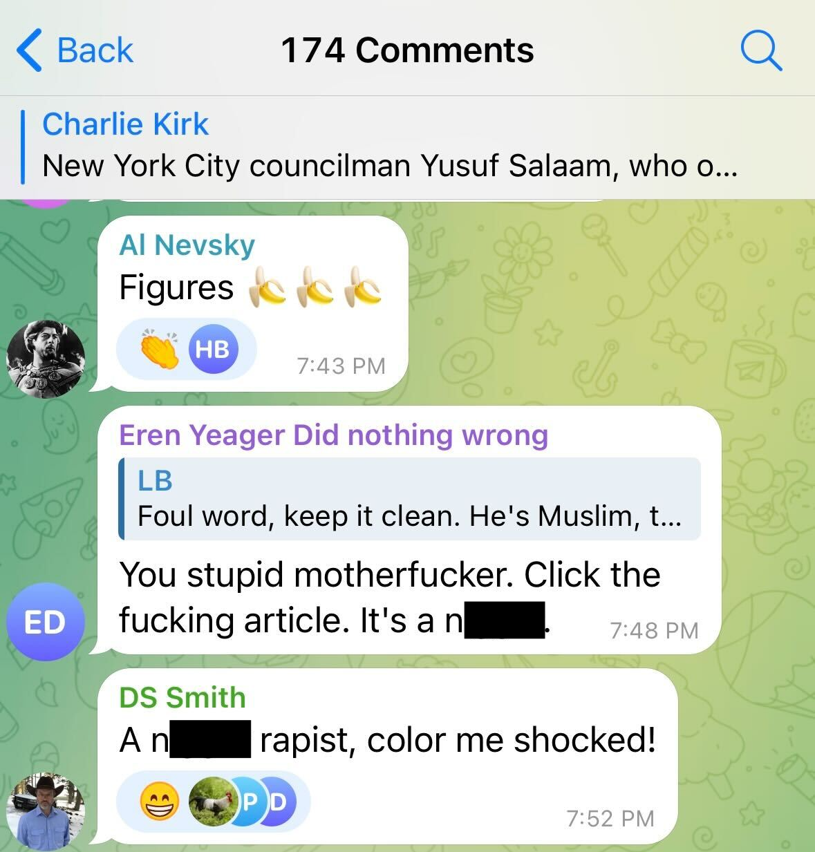 Kirk Telegram racist comments - slurs censored