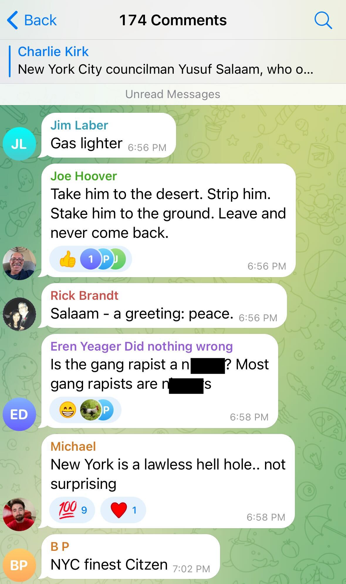 Kirk Telegram racist comments 2 - slurs censored