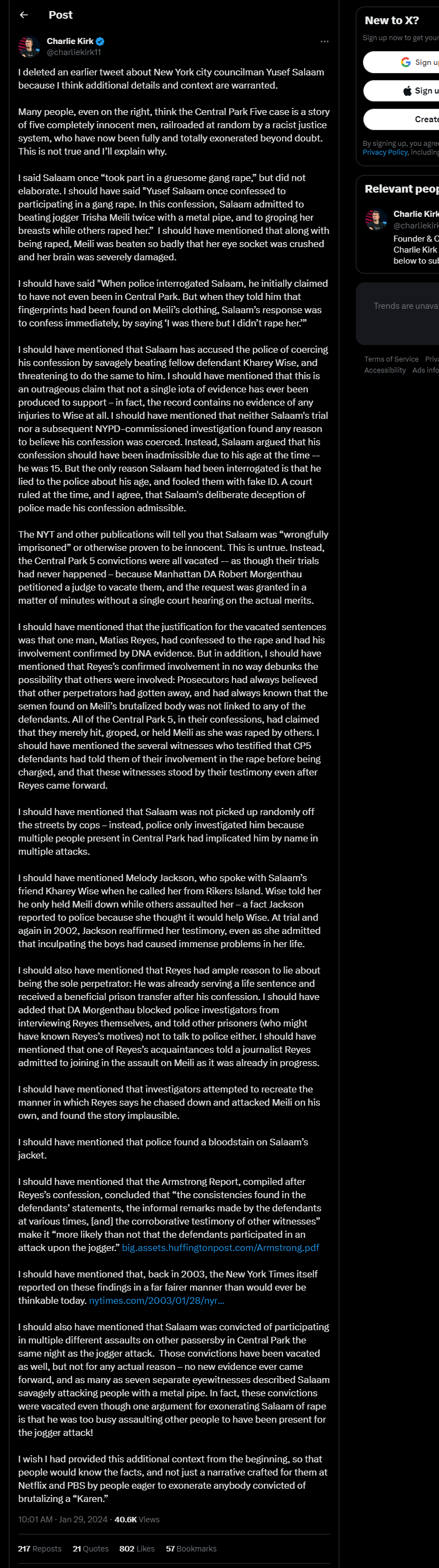 Kirk doubles down on his statements about Yusuf Salaam