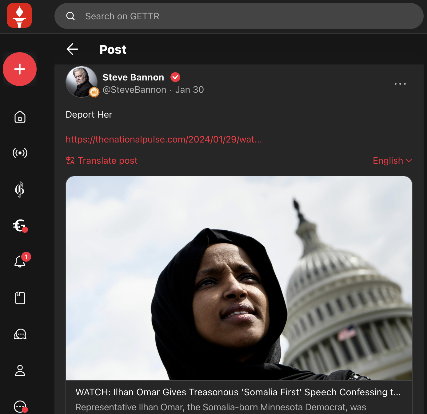 Screenshot from Gettr, showing a post from Steve Bannon