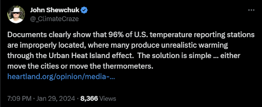 Post on X from John Shewchuk: "Documents clearly show that 96% of U.S. temperature reporting stations are improperly located, where many produce unrealistic warming through the Urban Heat Island effect.  The solution is simple ... The solution is simple ... either move the cities or move the thermometers. " with link to the Heartland institute