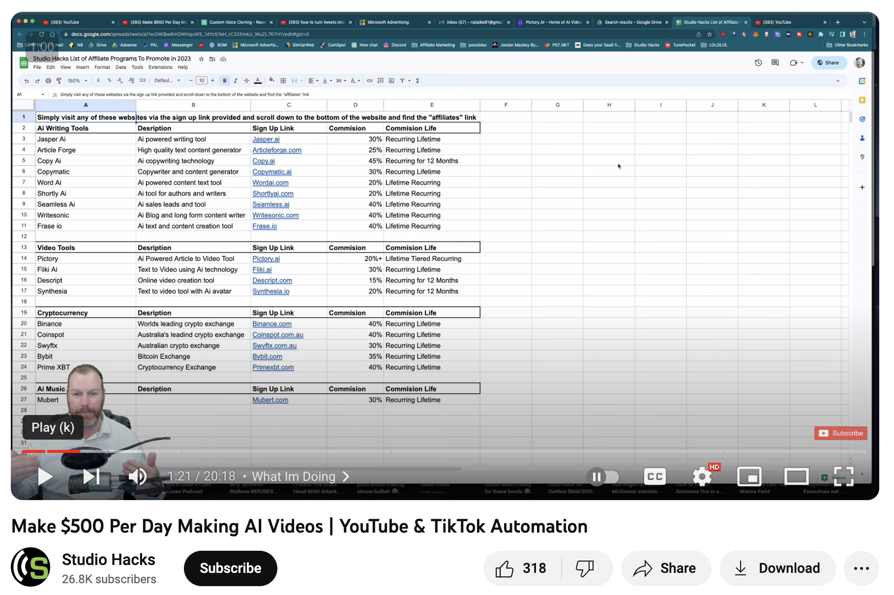 YouTuber describes various AI video creation tools and the commission rates for affiliates who promote them