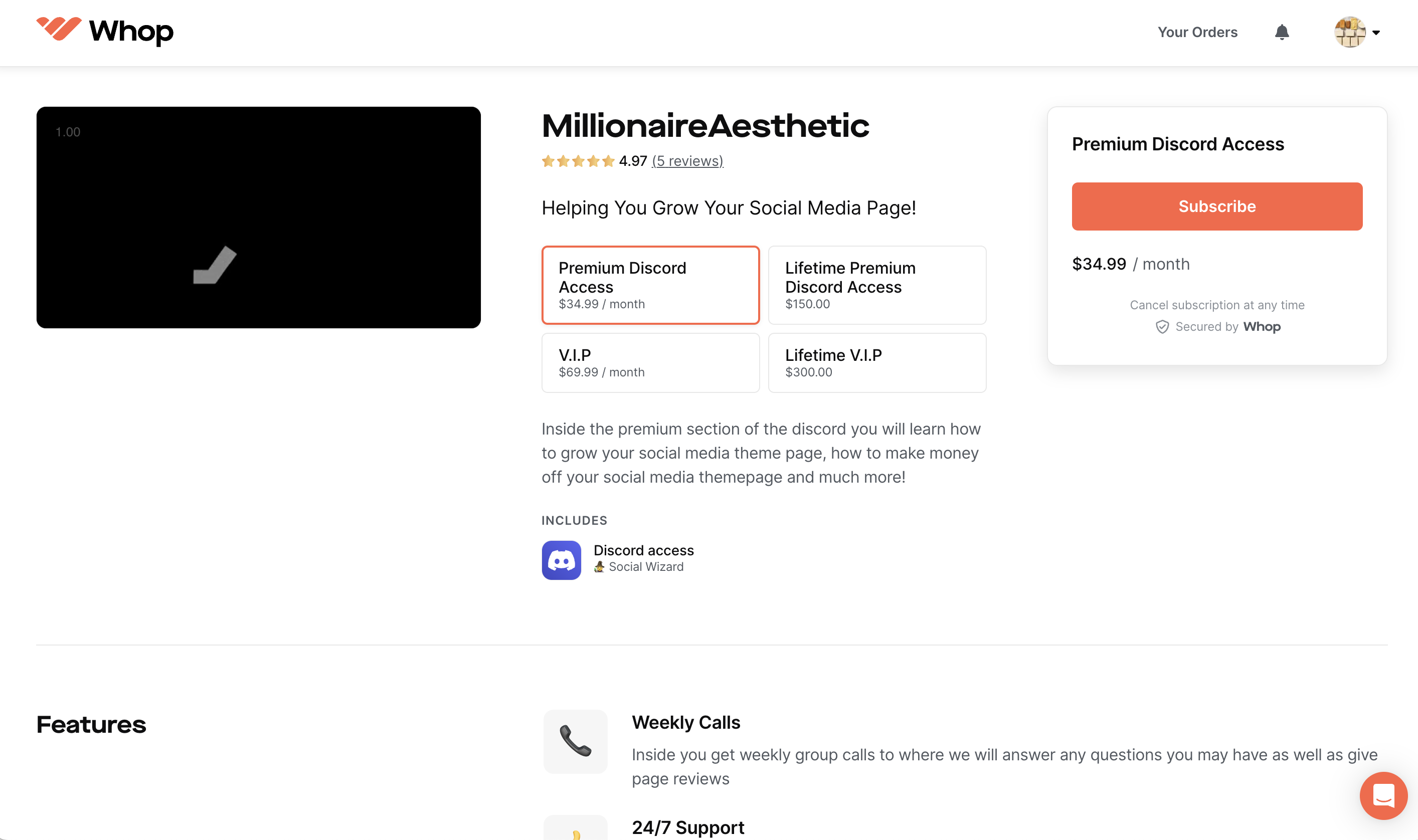 "Inside the premium section of the discord you will learn how to grow your social media theme page, how to make money off your social media themepage and much more!"