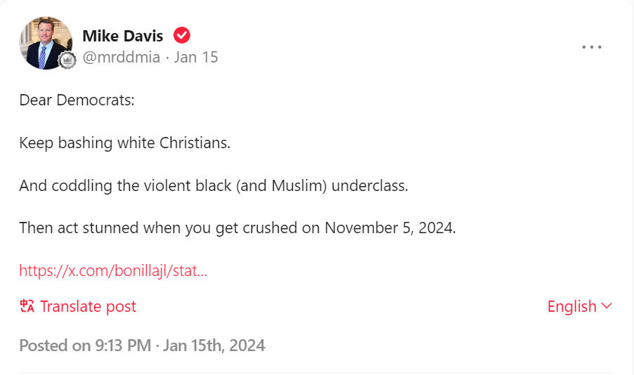Dear Democrats:  Keep bashing white Christians.  And coddling the violent black (and Muslim) underclass.  Then act stunned when you get crushed on November 5, 2024.