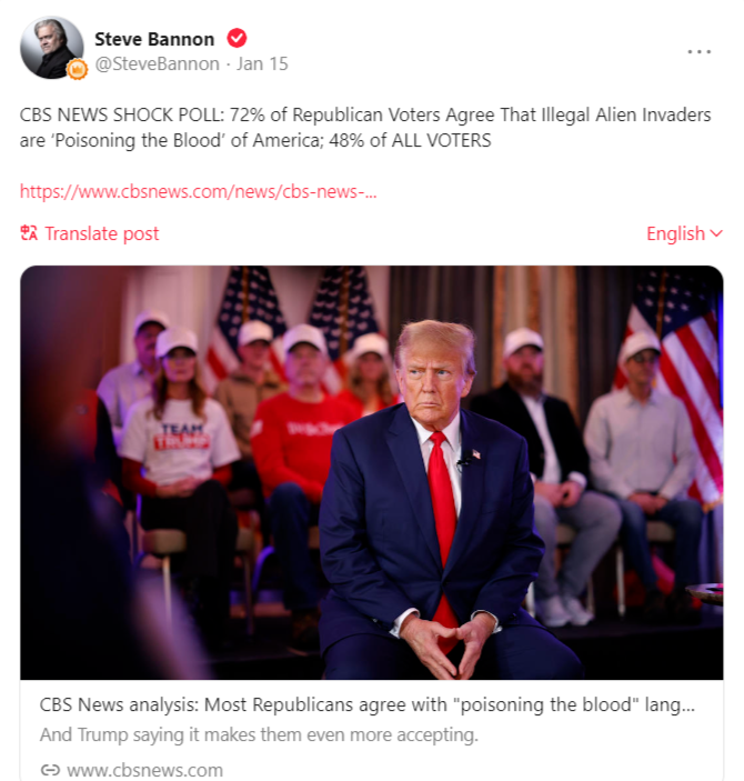 CBS NEWS SHOCK POLL: 72% of Republican Voters Agree That Illegal Alien Invaders are ‘Poisoning the Blood’ of America; 48% of ALL VOTERS 