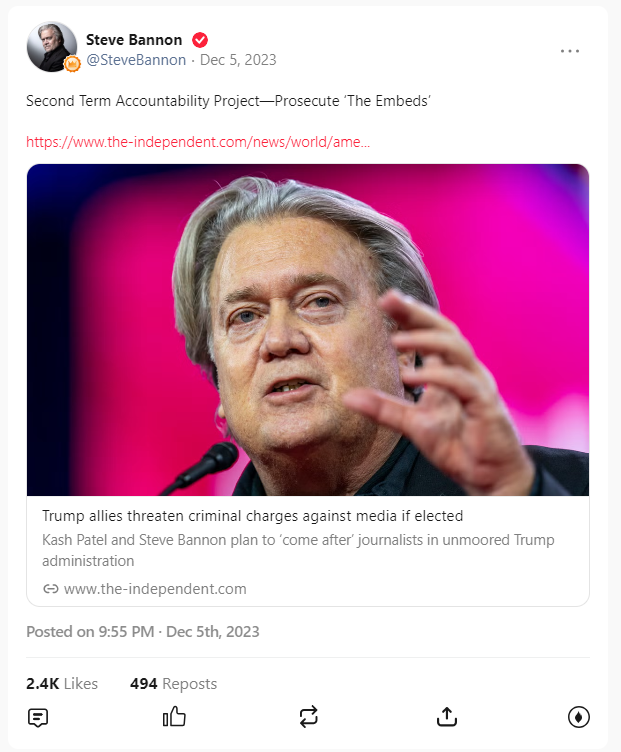 A post on GETTR from Steve Bannon calling on charging media with crimes