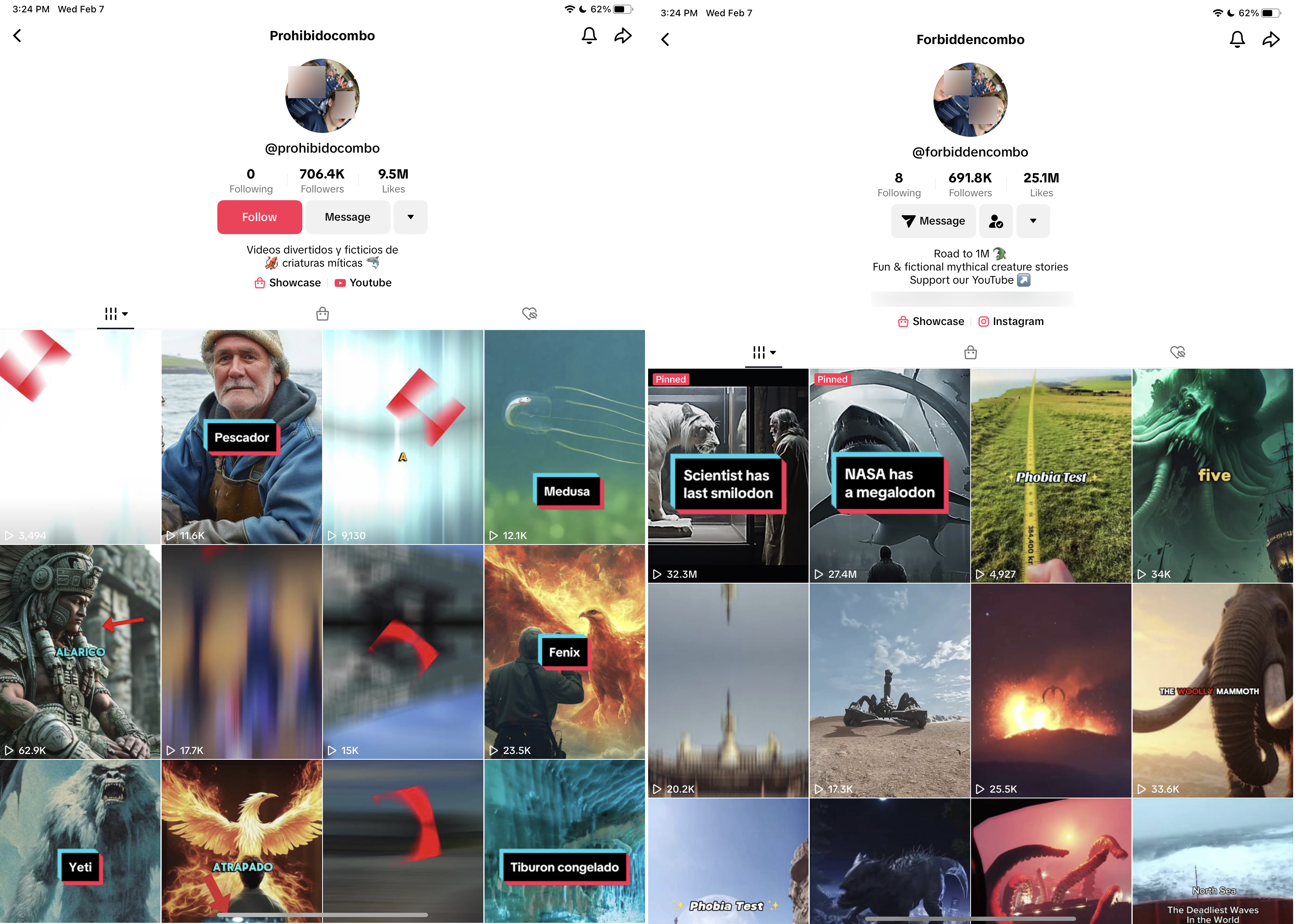 English and Spanish language Ai-generated conspiracy theory accounts on TikTok with same name translation and profile picture 