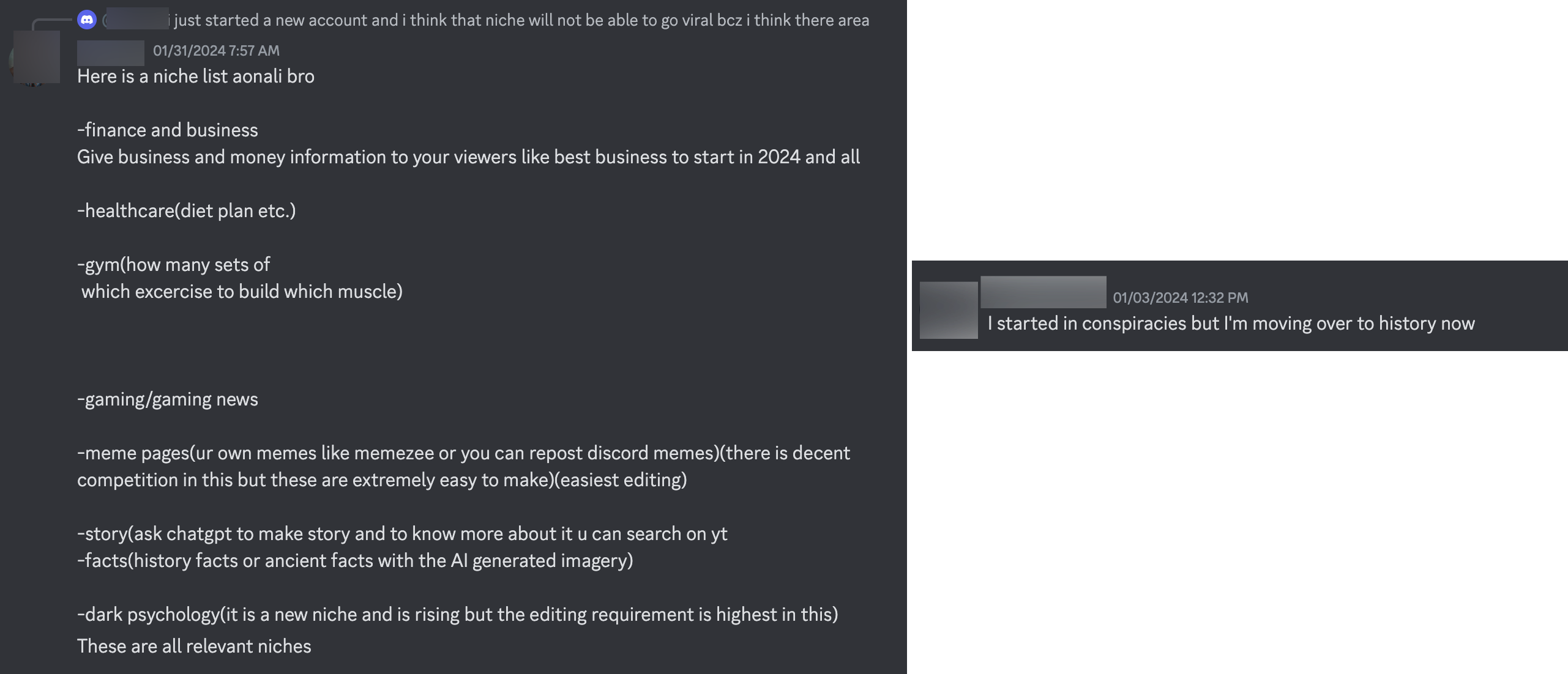 Users discuss AI TikTok niches including conspiracy theory content and history content