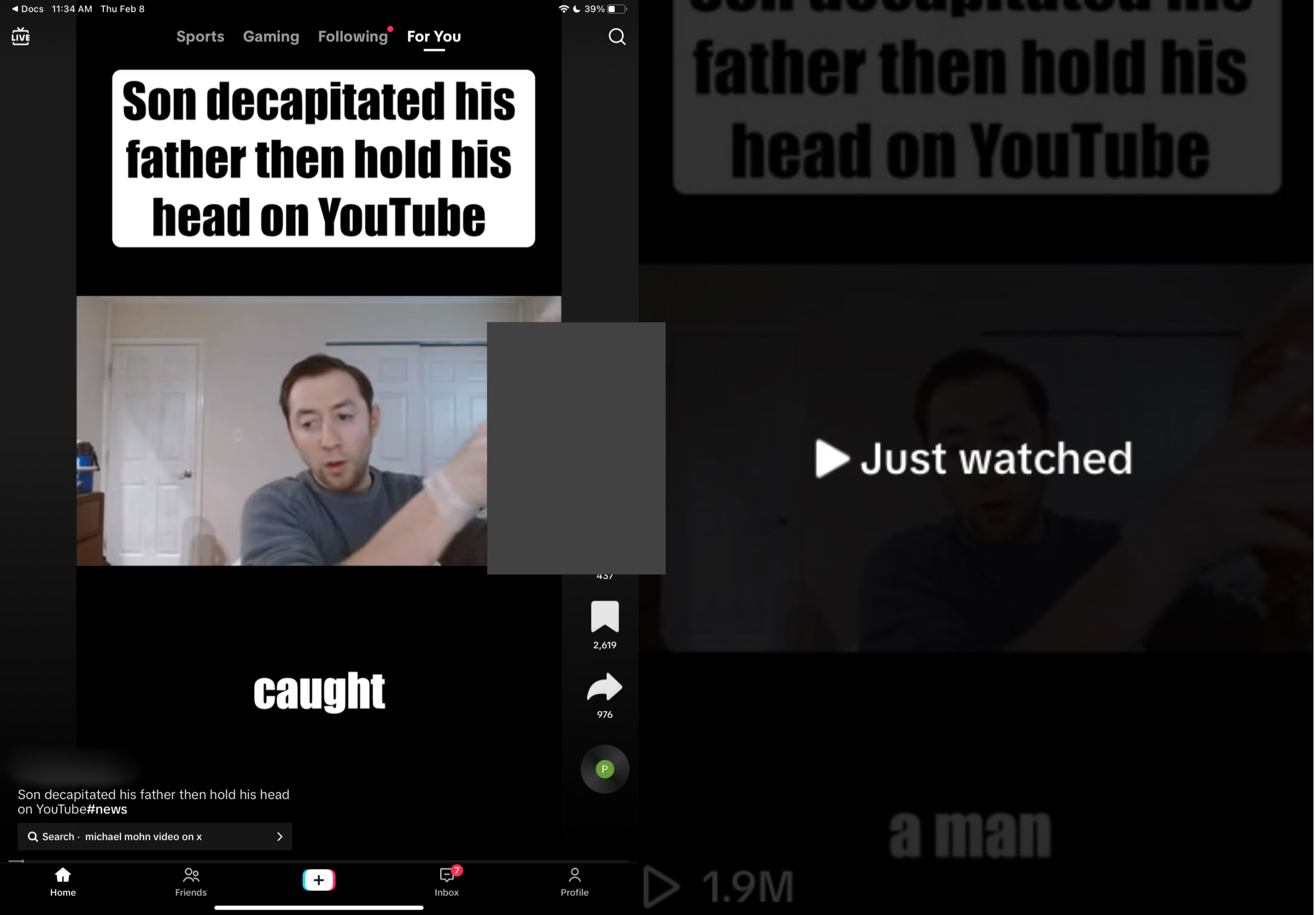 TikTok features image of Justin Mohn's YouTube video holding severed head.