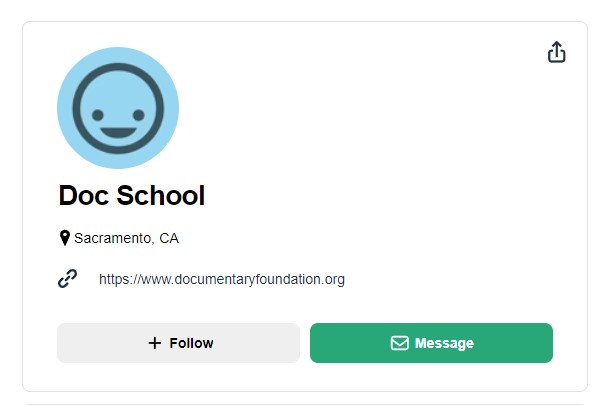 screenshot of info section from Vimeo page that reads Doc School, gives the location as Sacramento, California, and a link to the website DocumentaryFoundation.org