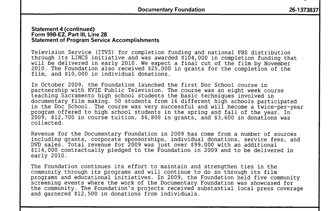 screenshot of excerpt from Documentary Foundation's 990 form