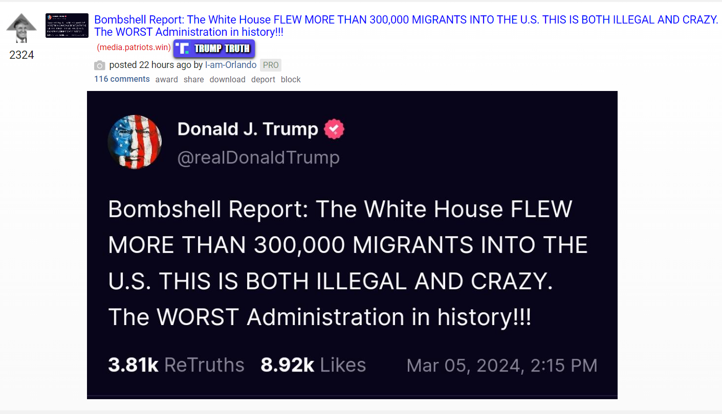 TheDonald users claim Biden is "getting his new army into position" with migrant flights
