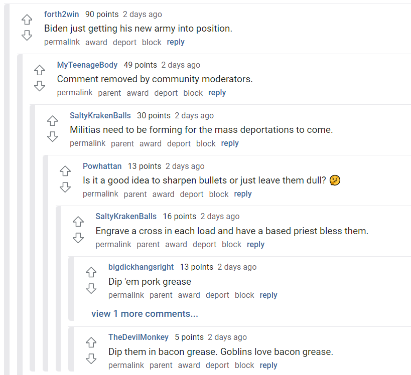 "Biden just getting his new army into position"  "comment removed by community moderators" "militias need to be forming for the mass deportations to come" "is it a good idea to sharpen bullets or just leave them dull" "engrave a cross in each load and have a based priest bless them" "dip 'em pork grease" "dip them in bacon grease. Goblins love bacon grease."