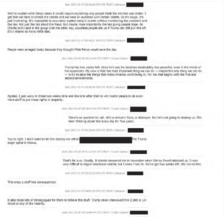 Texts between Tucker Carlson and Alex Pfeiffer from a filing in Dominion Voting System's lawsuit against Fox News.