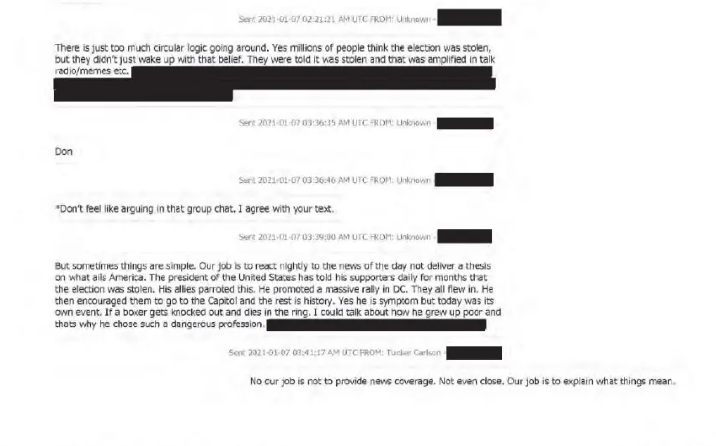 Texts between Tucker Carlson and Alex Pfeiffer from a filing in Dominion Voting System's lawsuit against Fox News.