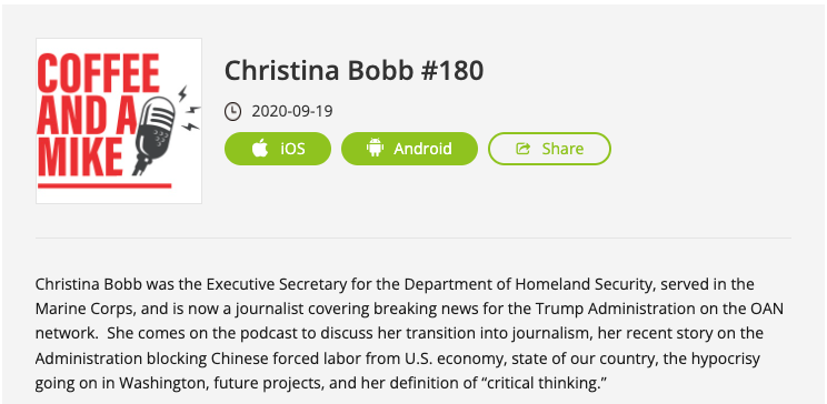 Christina Bobb appears on fringe podcast thats also hosted holocaust deniers and white nationalists. Discussing work at OAN.